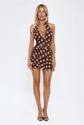 Social Glow Halter Polka Dot Mini Dress Brown