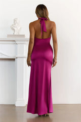 Crowned Nights Satin Halter Maxi Dress Plum