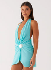 Eleanora Plunge Mini Dress - Turquoise